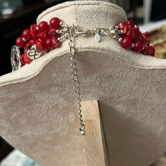 Premier Designs Beaded Necklace Red And Silvertone Triple Strand Adjustable - Picture 5 of 6